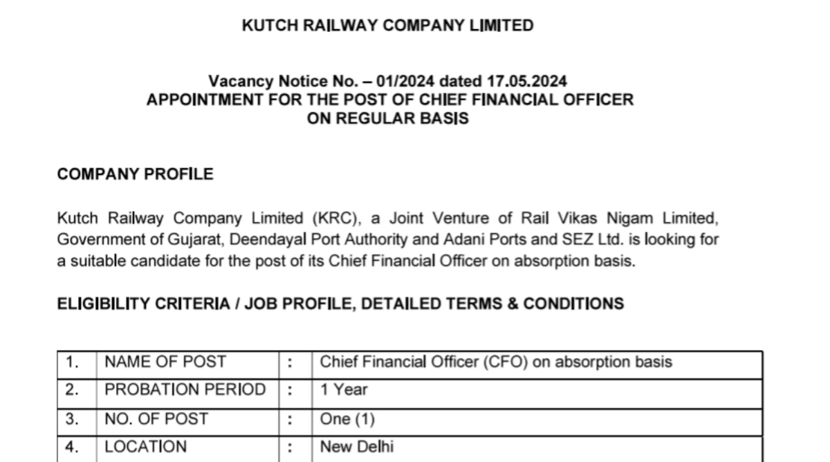 Kutch Railway Company Limited Recruitment 2024